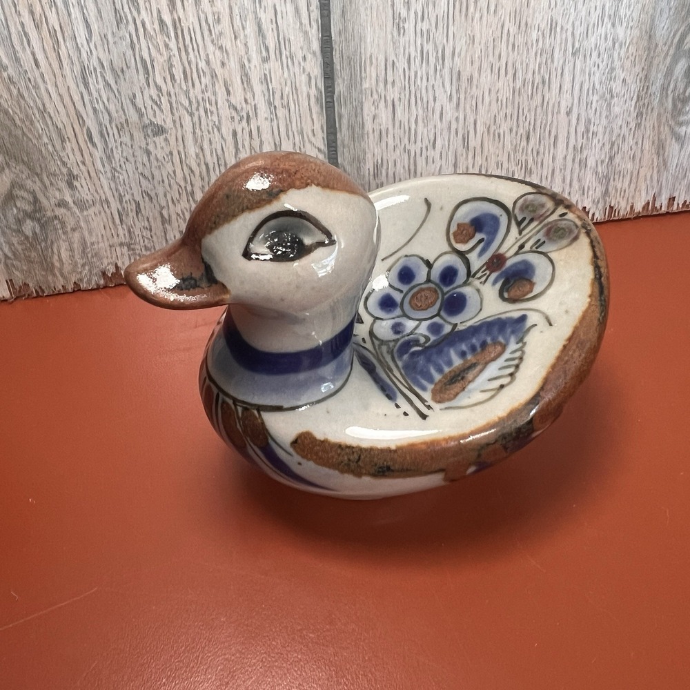 Vintage El Palomar Pottery Mexico Hand Painted Tonala Duck Ring Dish Trinket